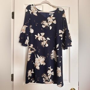 Navy Floral V-Neck Tiered Sleeve Midi Dress
